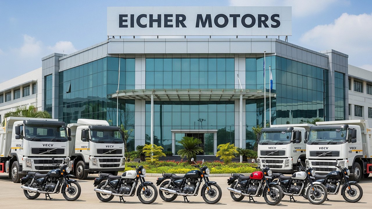 Eicher Motors headquarters with Royal Enfield bikes and VECV trucks